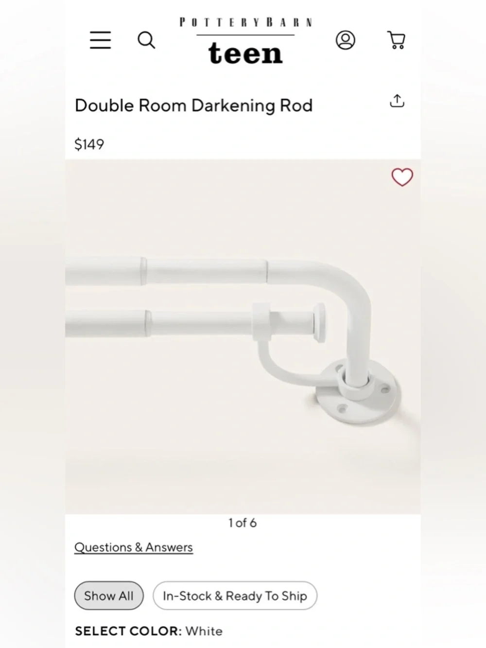 Pottery Barn Teen Double Room Darkening Rod (60” - 108”)
